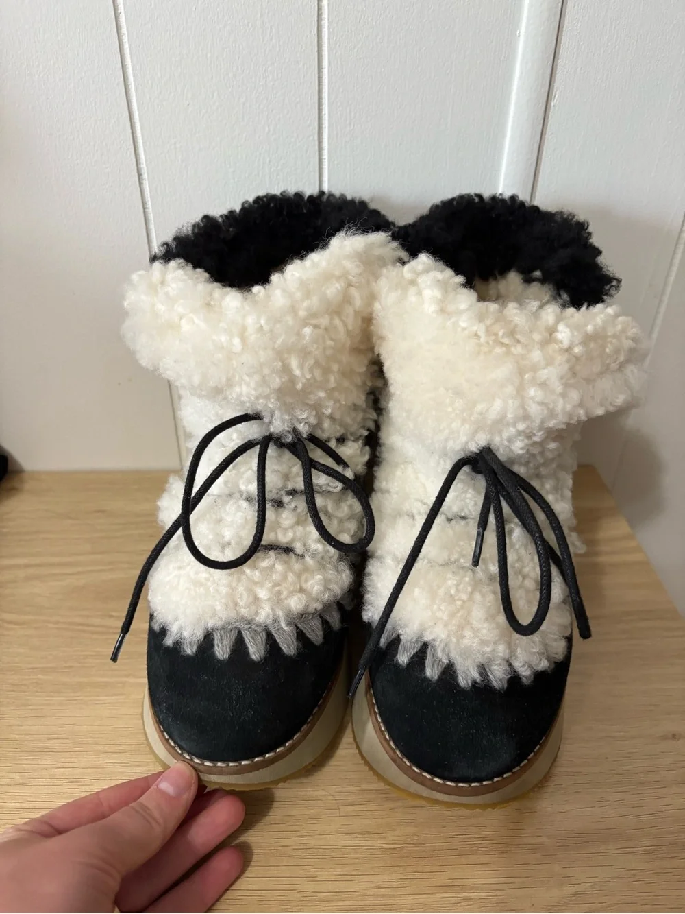 Mou Black and White Shearling Lace-Up Platform Boot